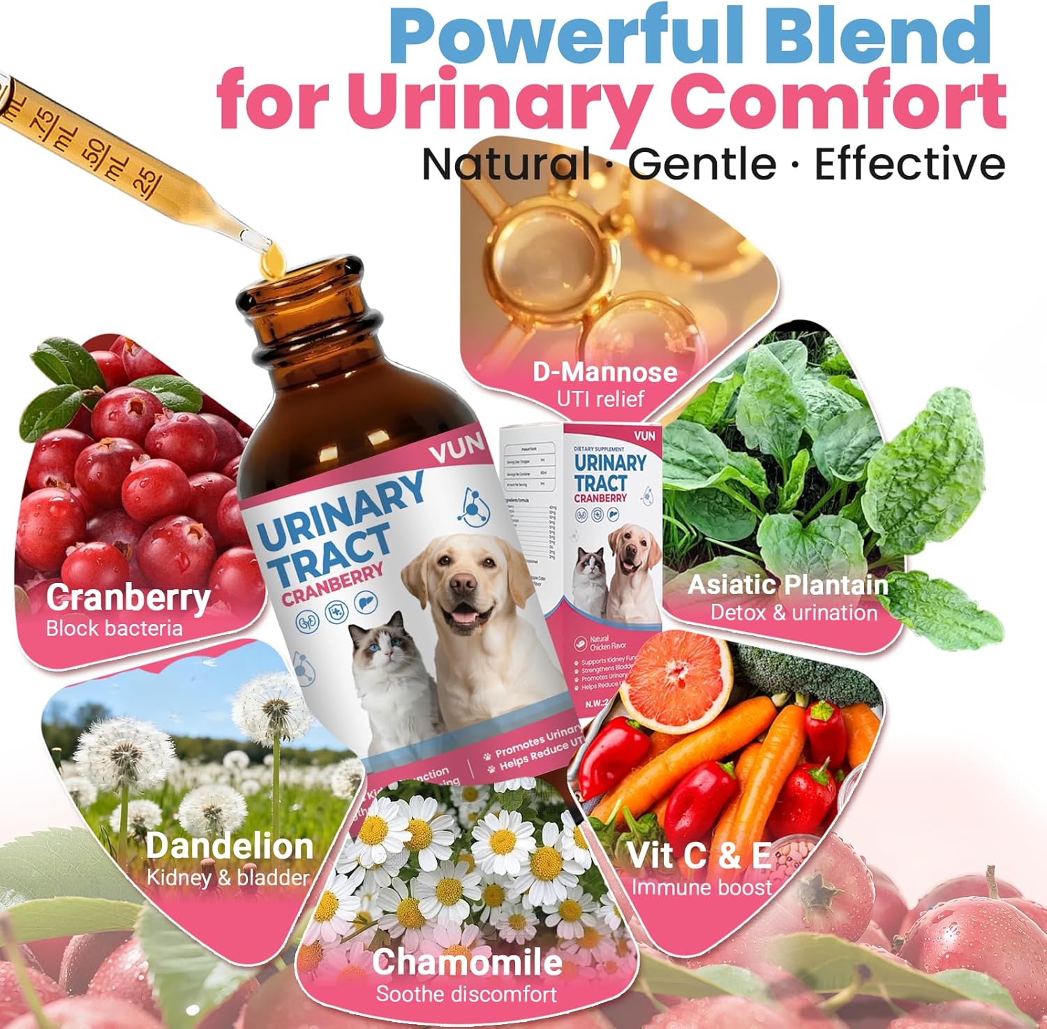 VUN Cat & Dog Urinary Tract Support Drops – Natural Relief for UTIs Kidney & Bladder Health – Tasty Cranberry Flavor