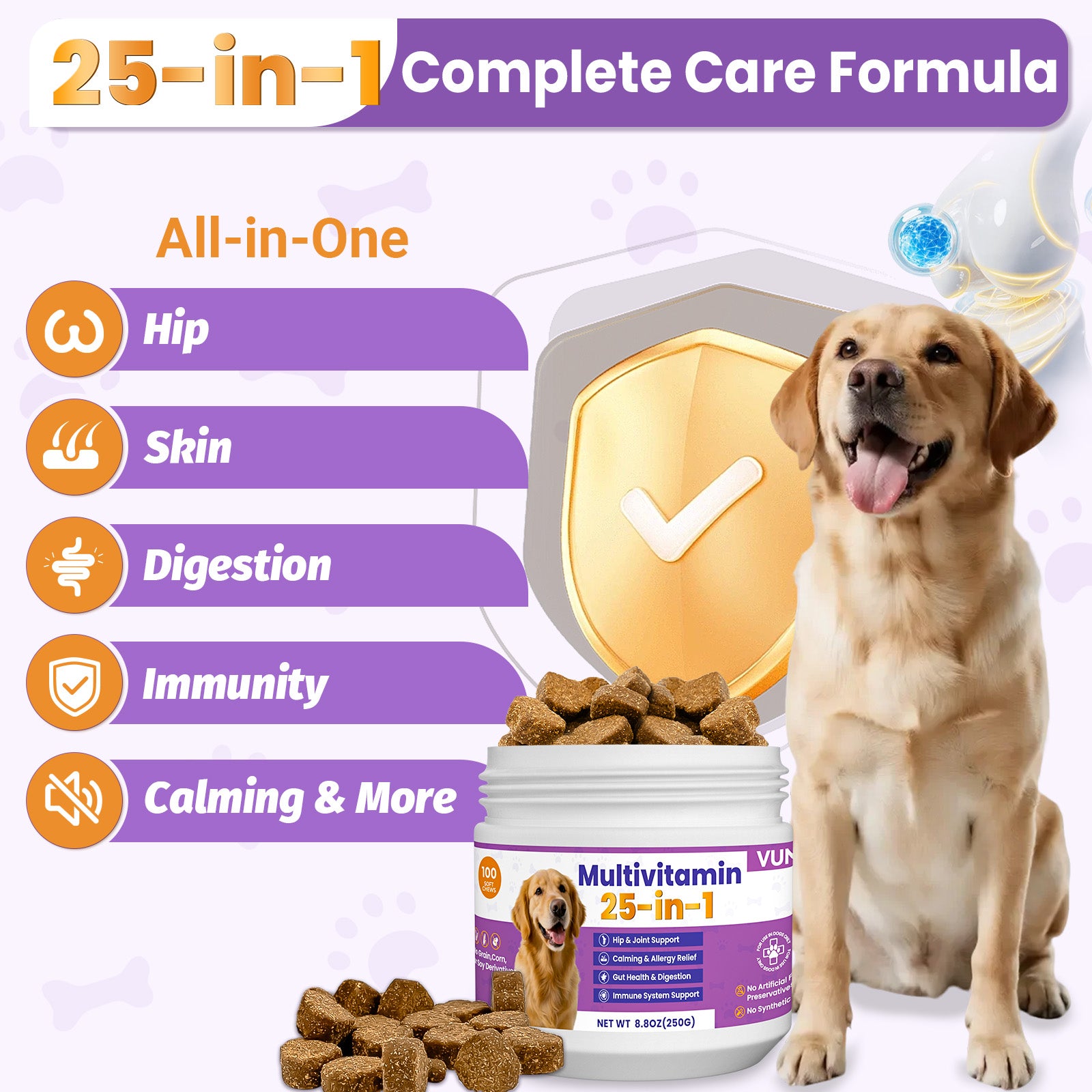 VUN 25-in-1 Dog Multivitamin – Soft Chews for Skin, Coat, Joints, Digestion & Immunity