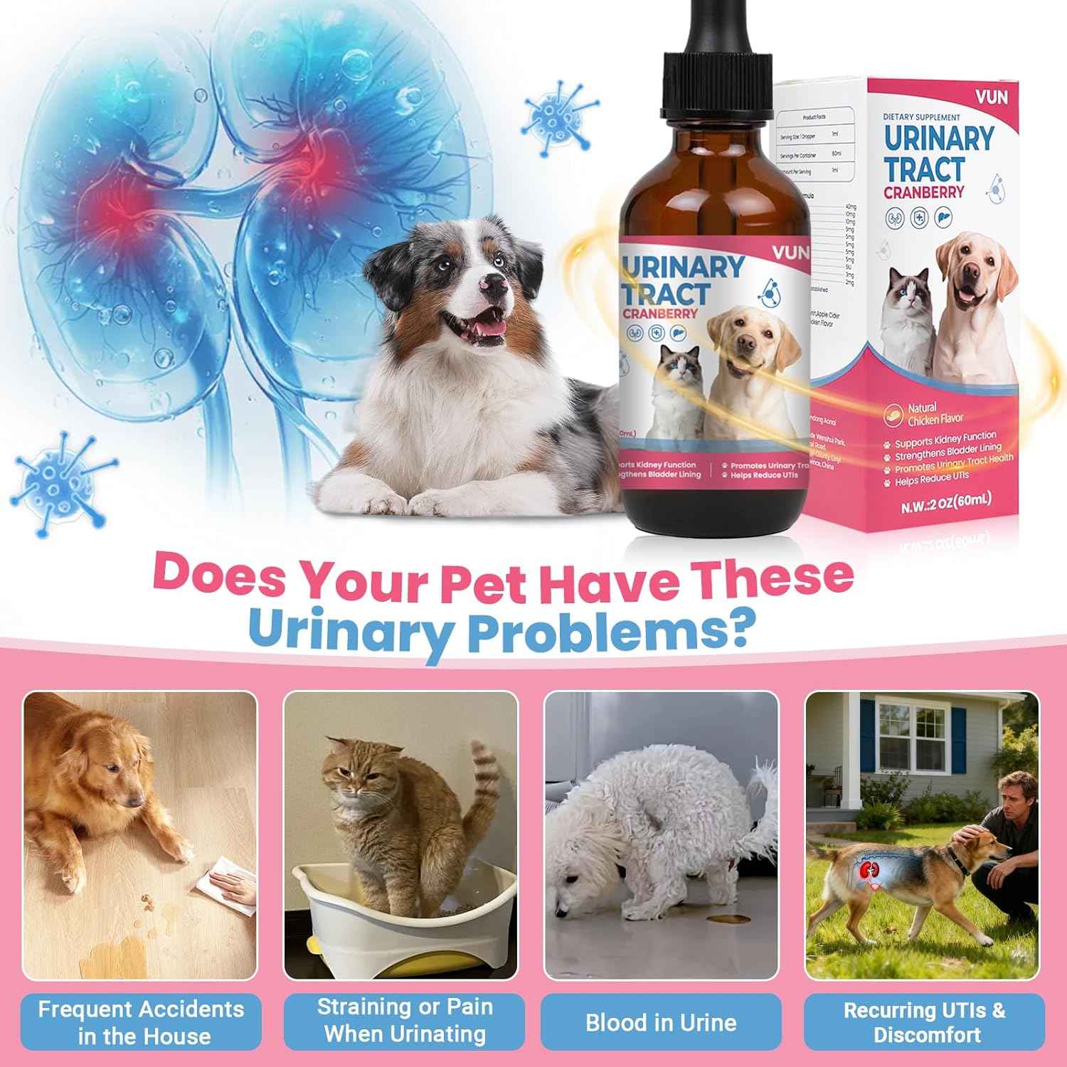 VUN Cat & Dog Urinary Tract Support Drops – Natural Relief for UTIs Kidney & Bladder Health – Tasty Cranberry Flavor