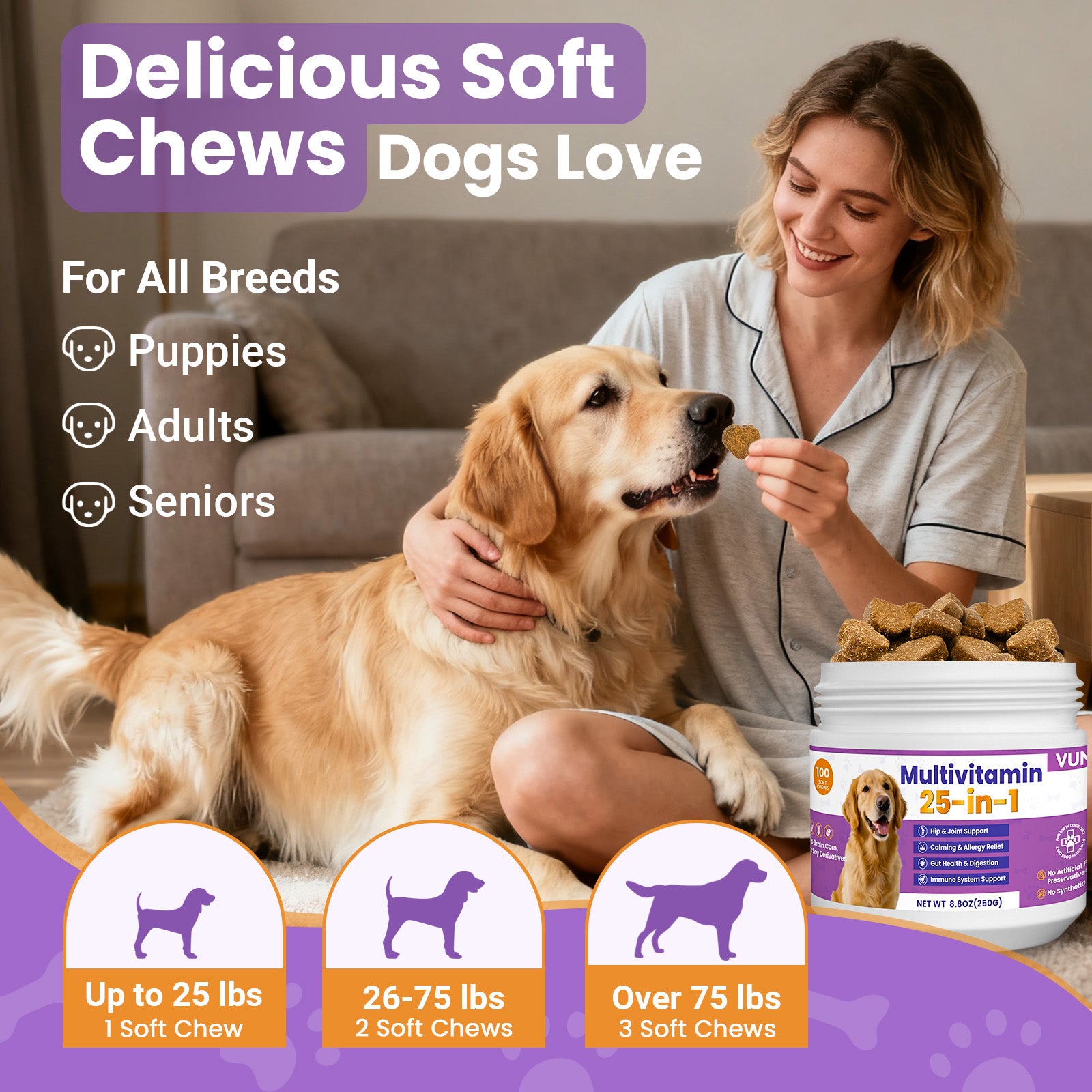 VUN 25-in-1 Dog Multivitamin – Soft Chews for Skin, Coat, Joints, Digestion & Immunity