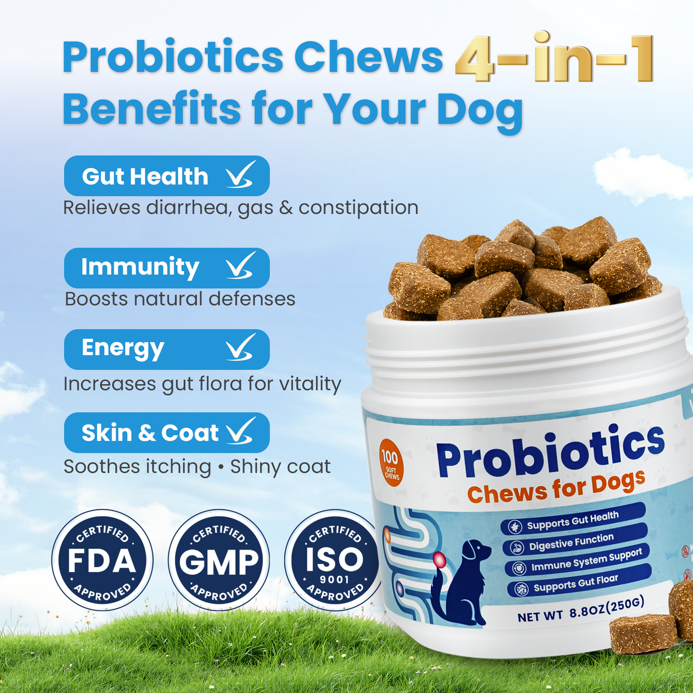 VUN Probiotics for Dogs – Soft Chews with Prebiotics for Digestive & Gut Health