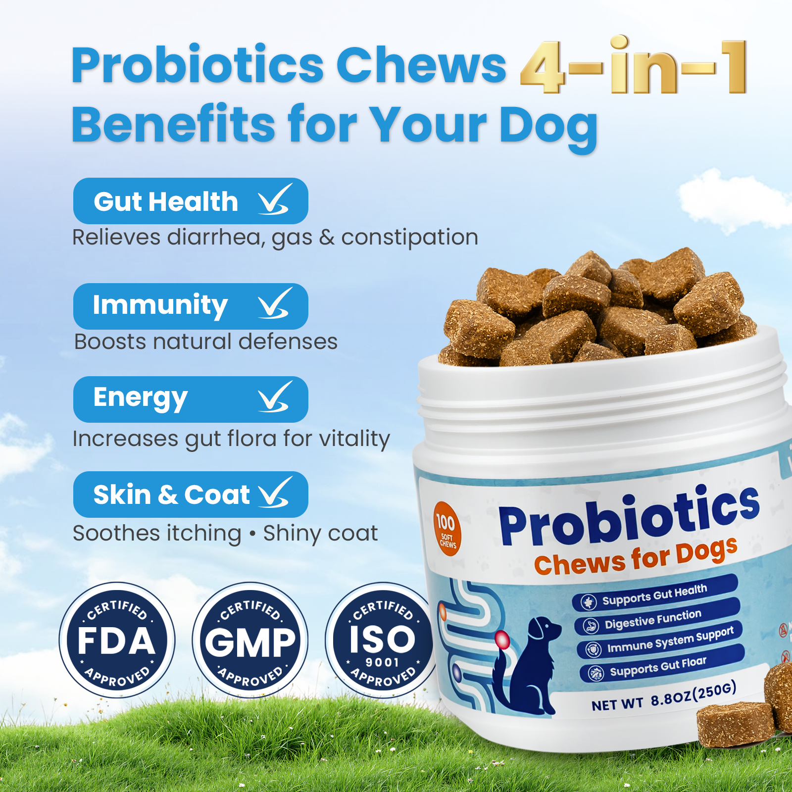 VUN Probiotics for Dogs – Soft Chews with Prebiotics for Digestive & Gut Health