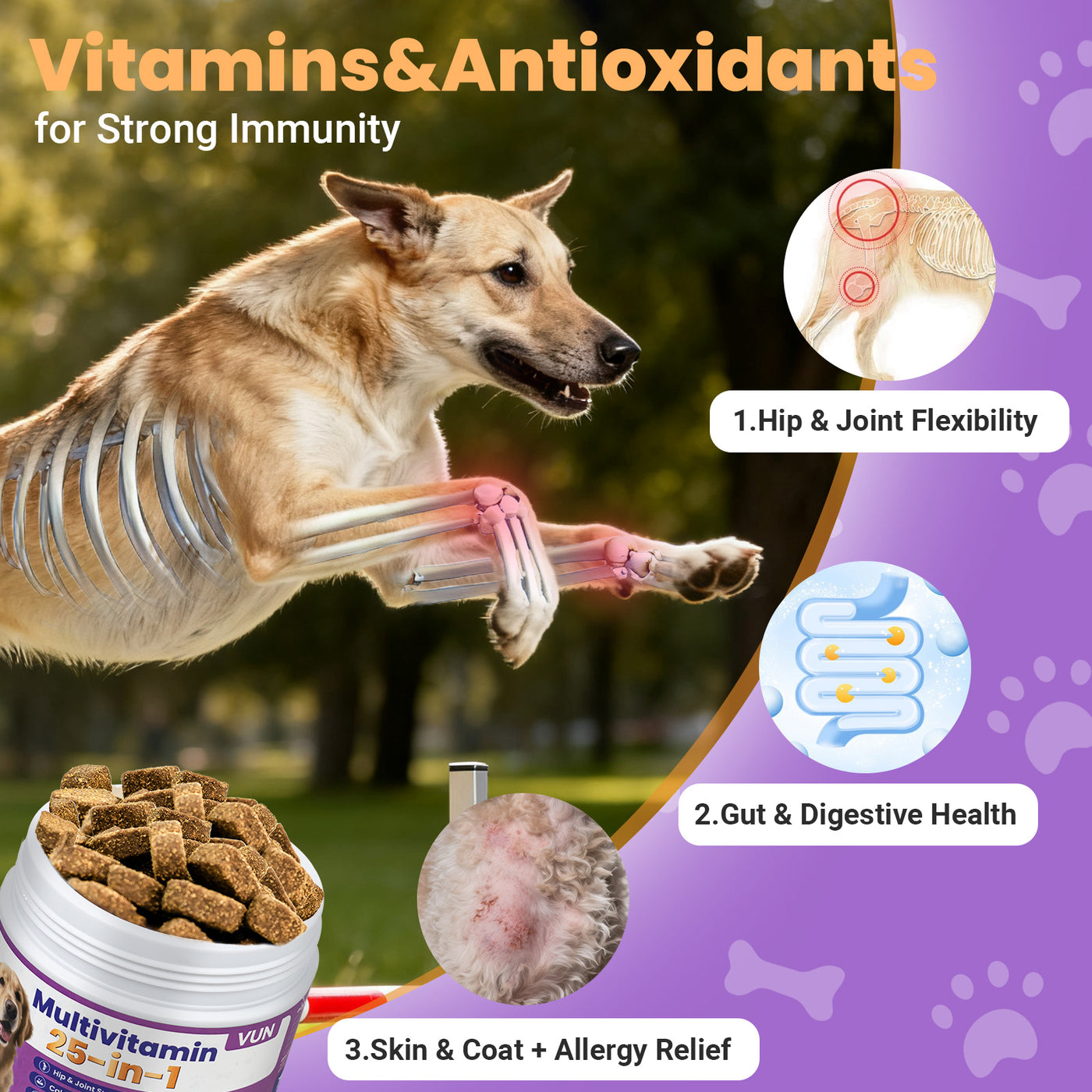 VUN 25-in-1 Dog Multivitamin – Soft Chews for Skin, Coat, Joints, Digestion & Immunity
