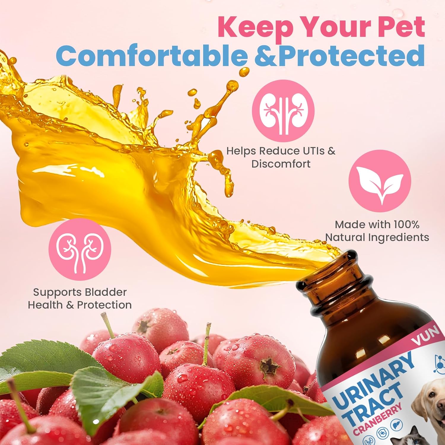 VUN Cat & Dog Urinary Tract Support Drops – Natural Relief for UTIs Kidney & Bladder Health – Tasty Cranberry Flavor