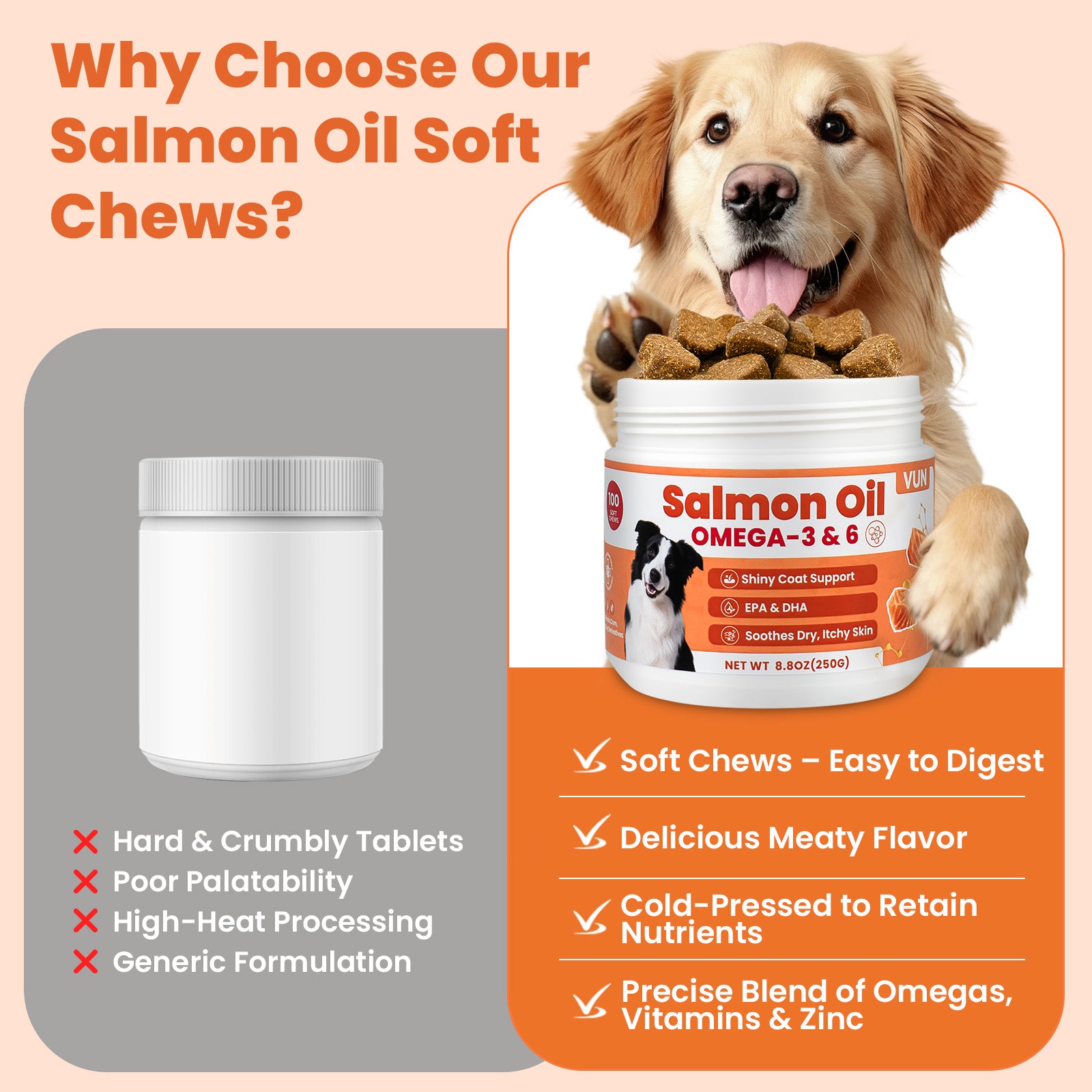 VUN Salmon Oil Chews for Dogs – Omega 3 & 6 Fish Oil Supplement for Skin, Coat & Itch Relief
