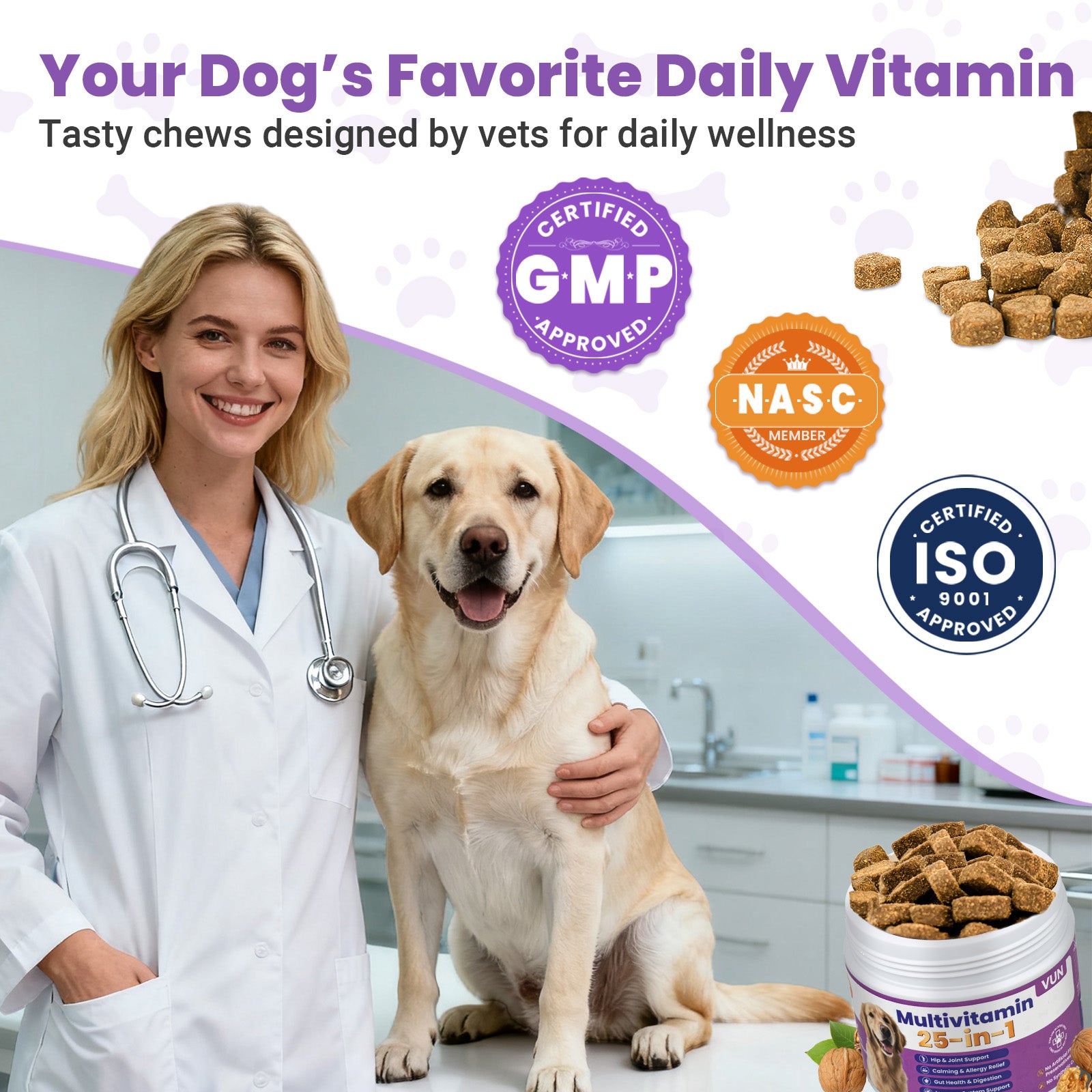 VUN 25-in-1 Dog Multivitamin – Soft Chews for Skin, Coat, Joints, Digestion & Immunity