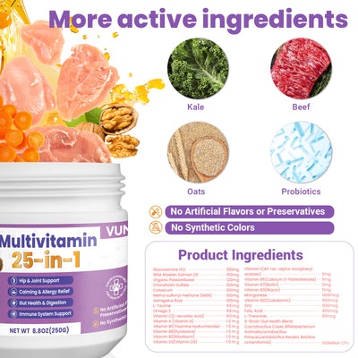 VUN 25-in-1 Dog Multivitamin – Soft Chews for Skin, Coat, Joints, Digestion & Immunity