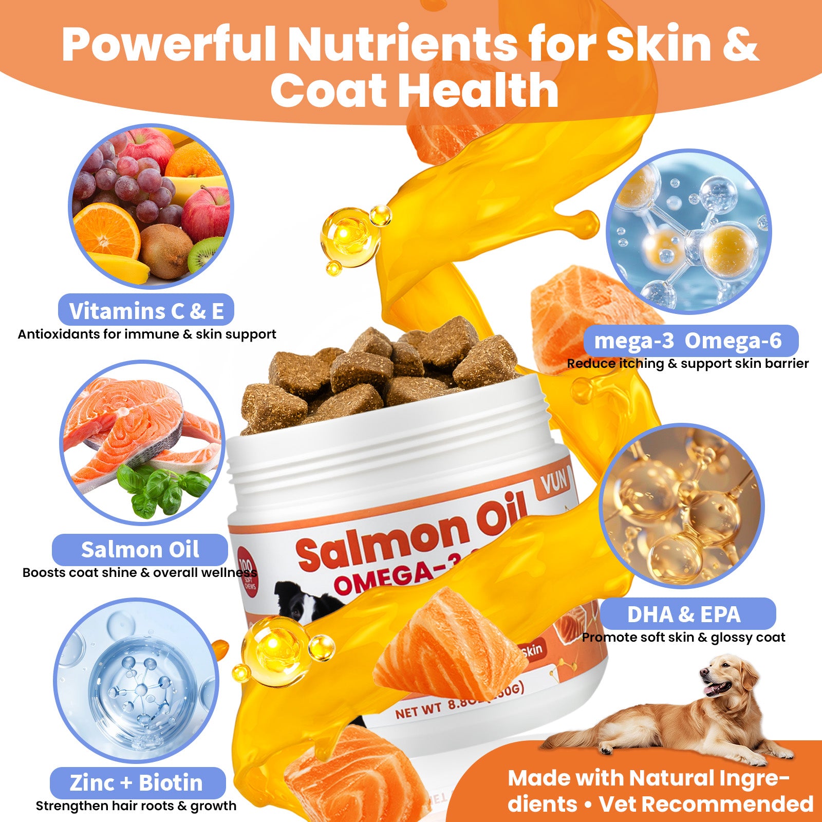 VUN Salmon Oil Chews for Dogs – Omega 3 & 6 Fish Oil Supplement for Skin, Coat & Itch Relief