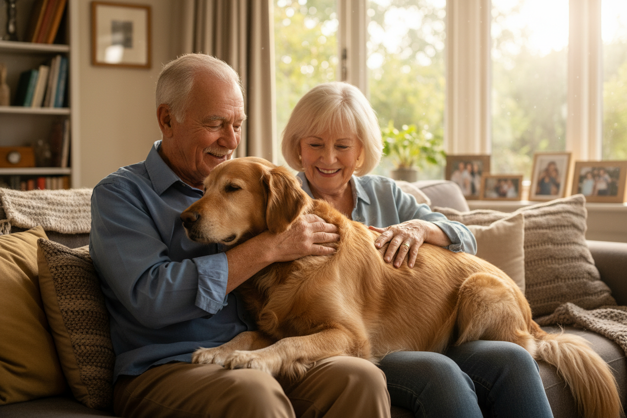 一对情侣抱着自己的老狗很开心，老狗的毛发很漂亮