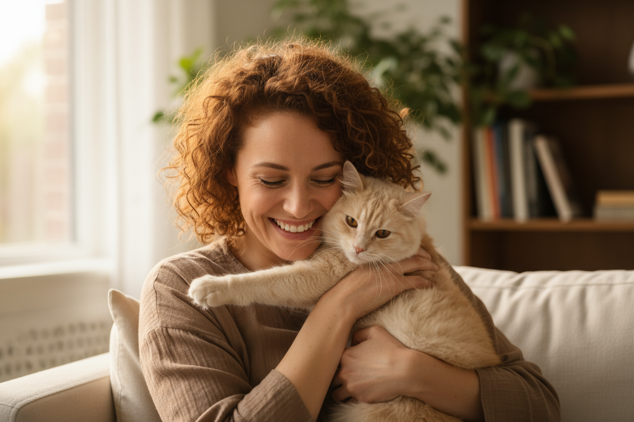 一个女人抱着自己可爱的猫咪很开心