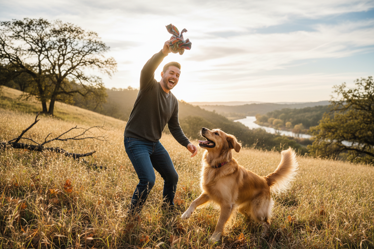 一个男人和自己的狗狗一块玩的很开心，都在笑