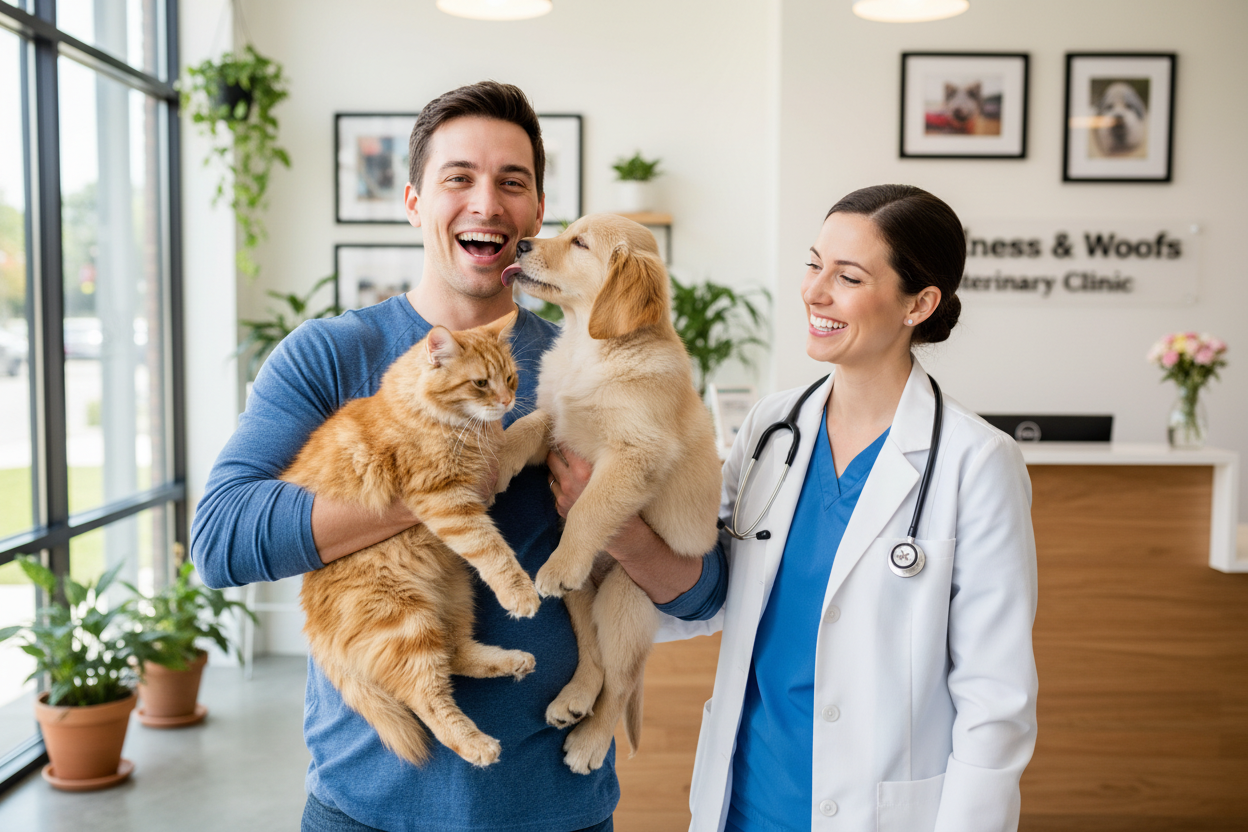 一个人抱着猫狗和兽医一块很开心