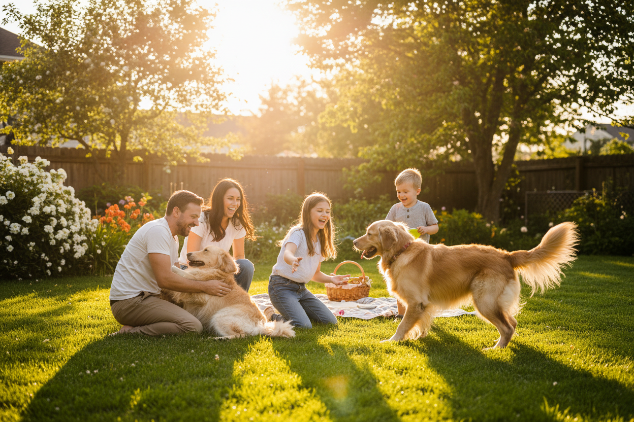 一家人和狗狗一块玩的很开心