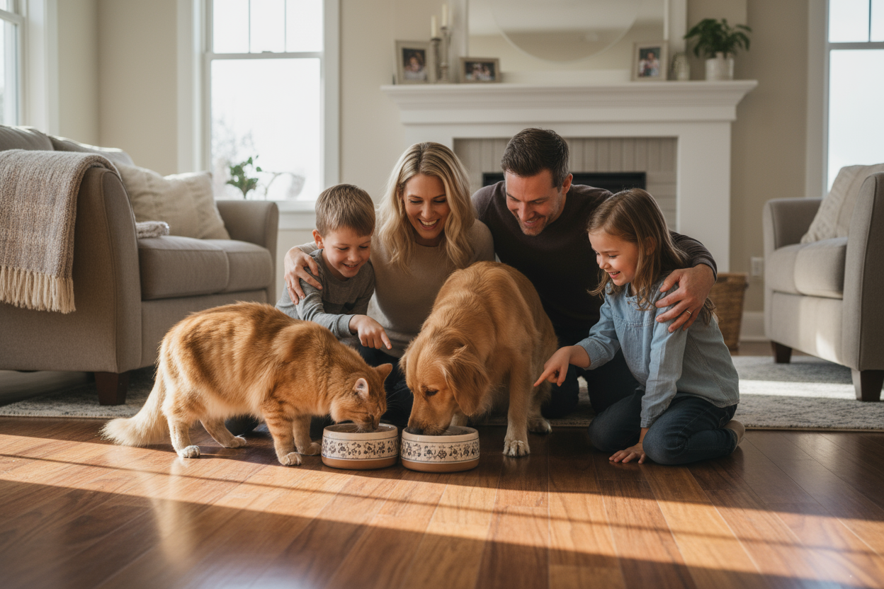 一家人看着猫狗在吃东西很开心
