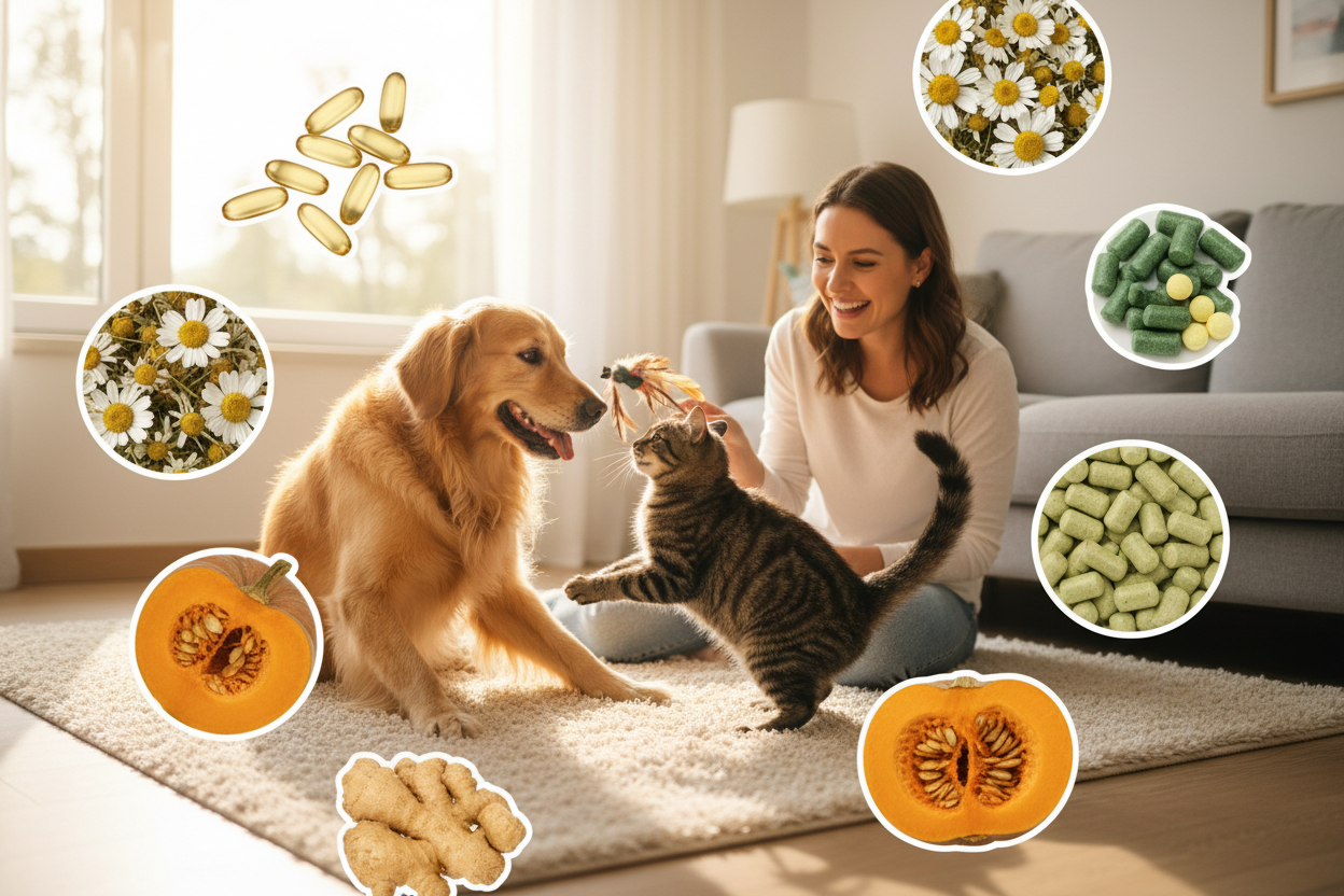 帮我生成一张图片，宠物猫狗在愉快的玩耍，旁边的宠物主人看的很开心，然后图片上还有产品的原料拼贴（鱼油、洋甘菊、南瓜、姜、维生素颗粒等）