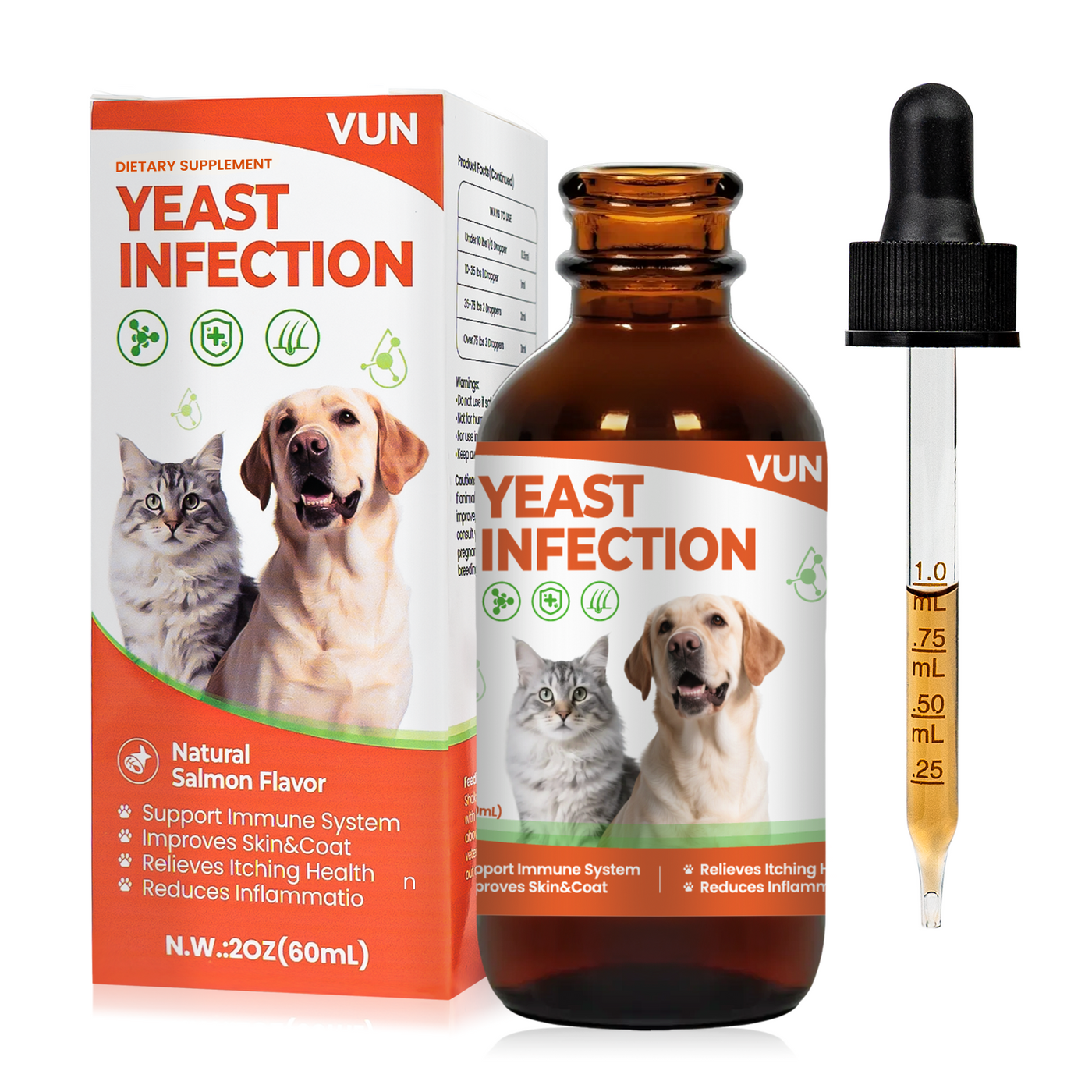 VUN Yeast Relief Drops for Dogs & Cats – Fast-Acting Natural Relief for Itchy Skin Red Ears & Licking Paws – Salmon Flavor