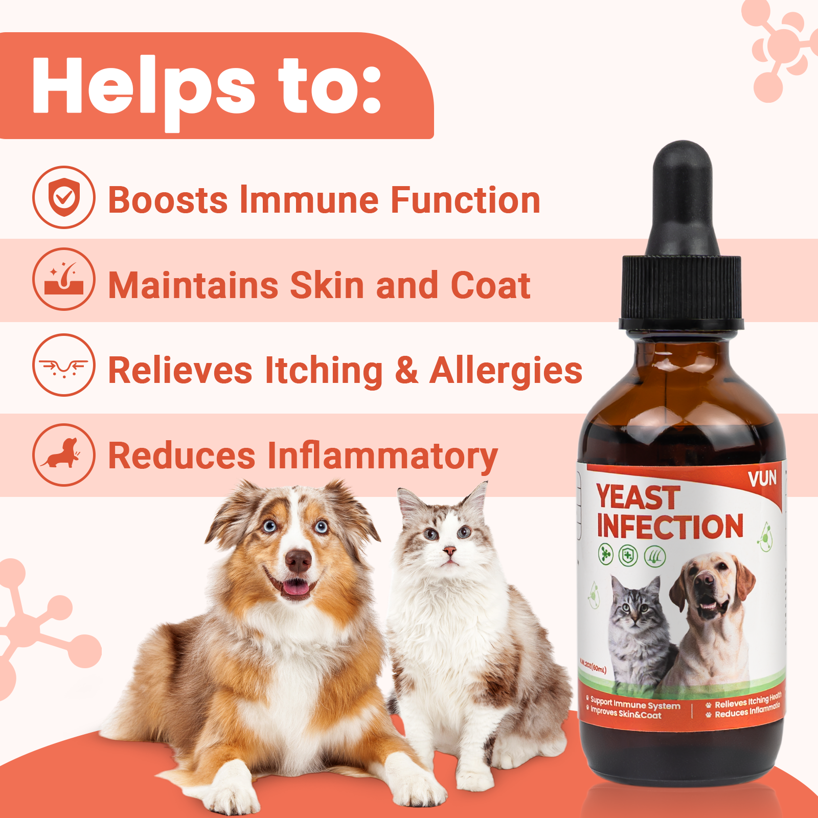 VUN Yeast Relief Drops for Dogs & Cats – Fast-Acting Natural Relief for Itchy Skin Red Ears & Licking Paws – Salmon Flavor
