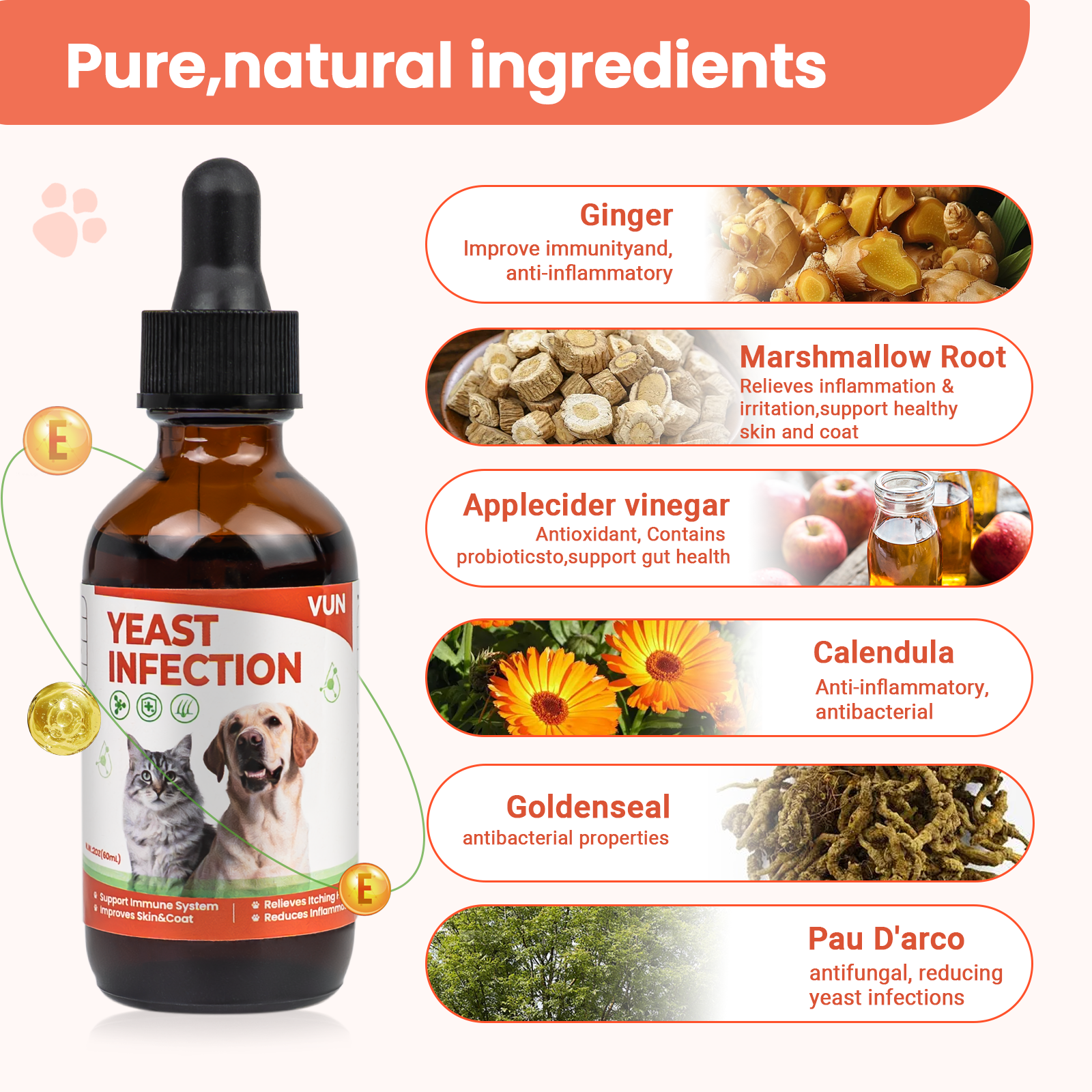 VUN Yeast Relief Drops for Dogs & Cats – Fast-Acting Natural Relief for Itchy Skin Red Ears & Licking Paws – Salmon Flavor