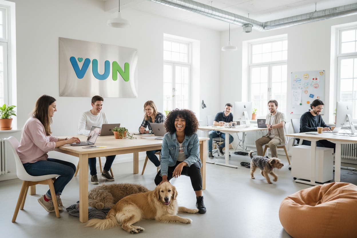 A candid shot of a modern startup office team working happily. Diverse group of young professionals. There are several dogs in the office, one dog sleeping under a desk, another dog being petted by an employee. Bright, airy, Scandinavian interior design, happy atmosphere, lifestyle photography.加上vun的可爱logo