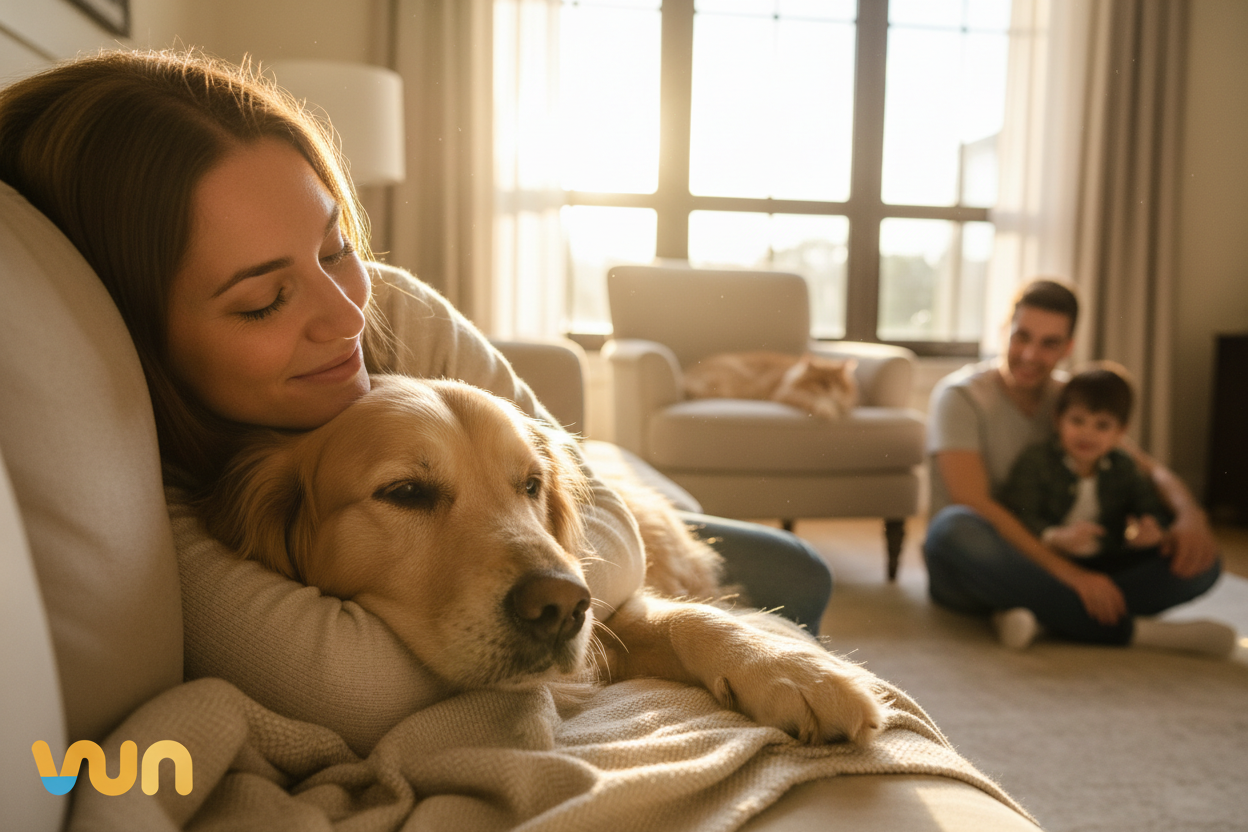 A heartwarming, candid close-up shot of a woman gently hugging a Golden Retriever dog in a cozy, sunlit living room. They are sharing a moment of pure love and trust. A fluffy cat is sleeping peacefully on the sofa in the background. Soft golden hour lighting, authentic emotion, high resolution, lifestyle photography.加上vun的可爱logo，logo稍微醒目一点，猫狗一起，人物多一些