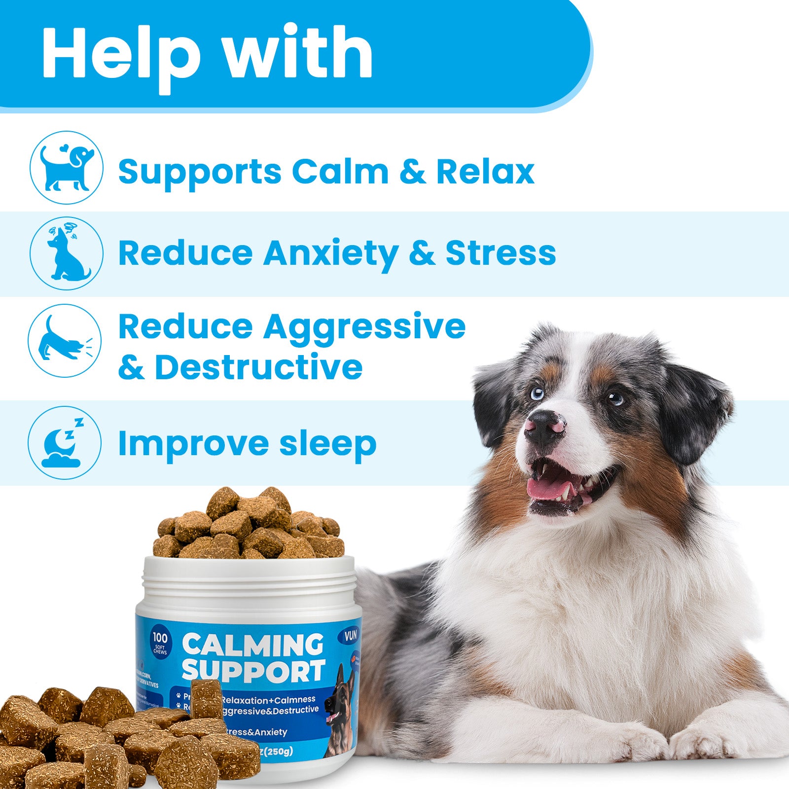 VUN Dog Calming Chews – Natural Anxiety and Stress Relief with Melatonin and Chamomile – 100 Soft Chews