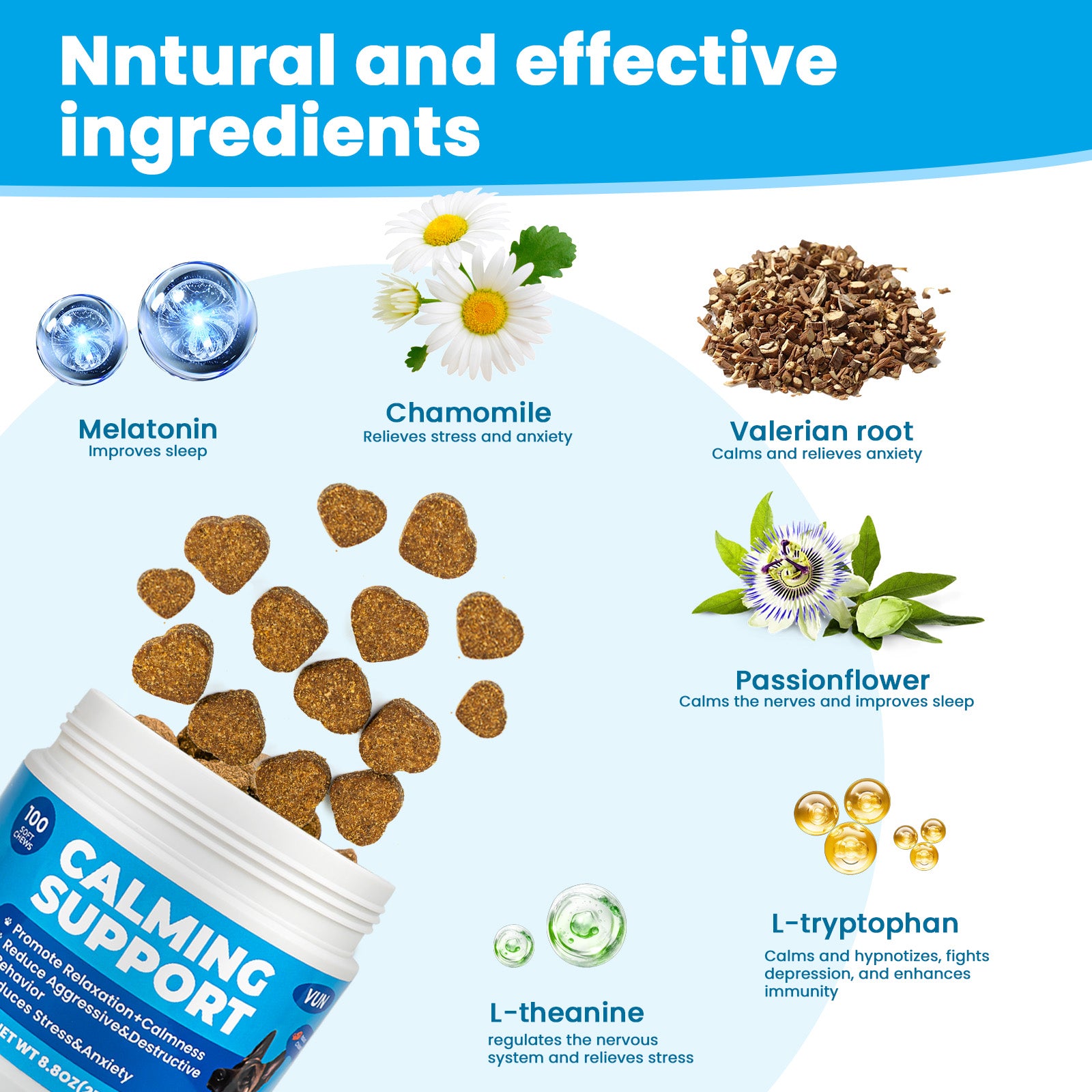 VUN Dog Calming Chews – Soft Chews with Melatonin Chamomile and L-Theanine for Anxiety and Stress Relief