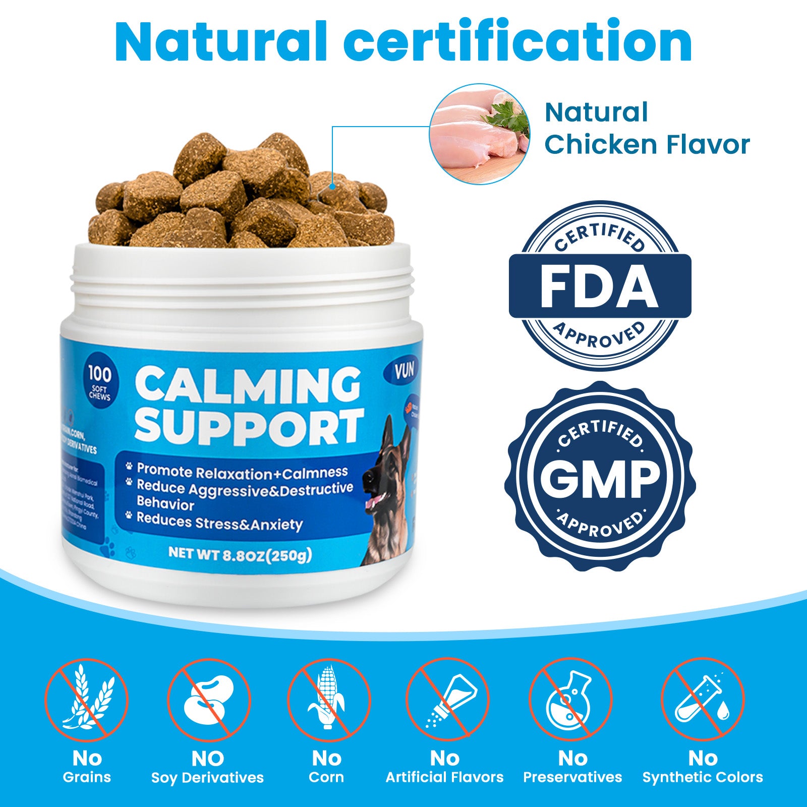 VUN Dog Calming Chews – Natural Anxiety and Stress Relief with Melatonin and Chamomile – 100 Soft Chews