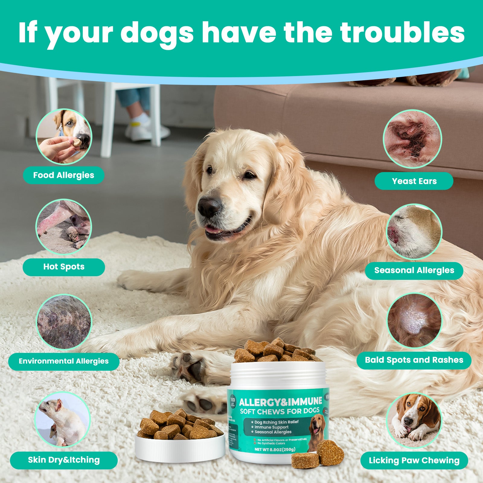 VUN Dog Allergy Relief – With Omega 3 and Probiotics for Itchy Skin and Immune Health