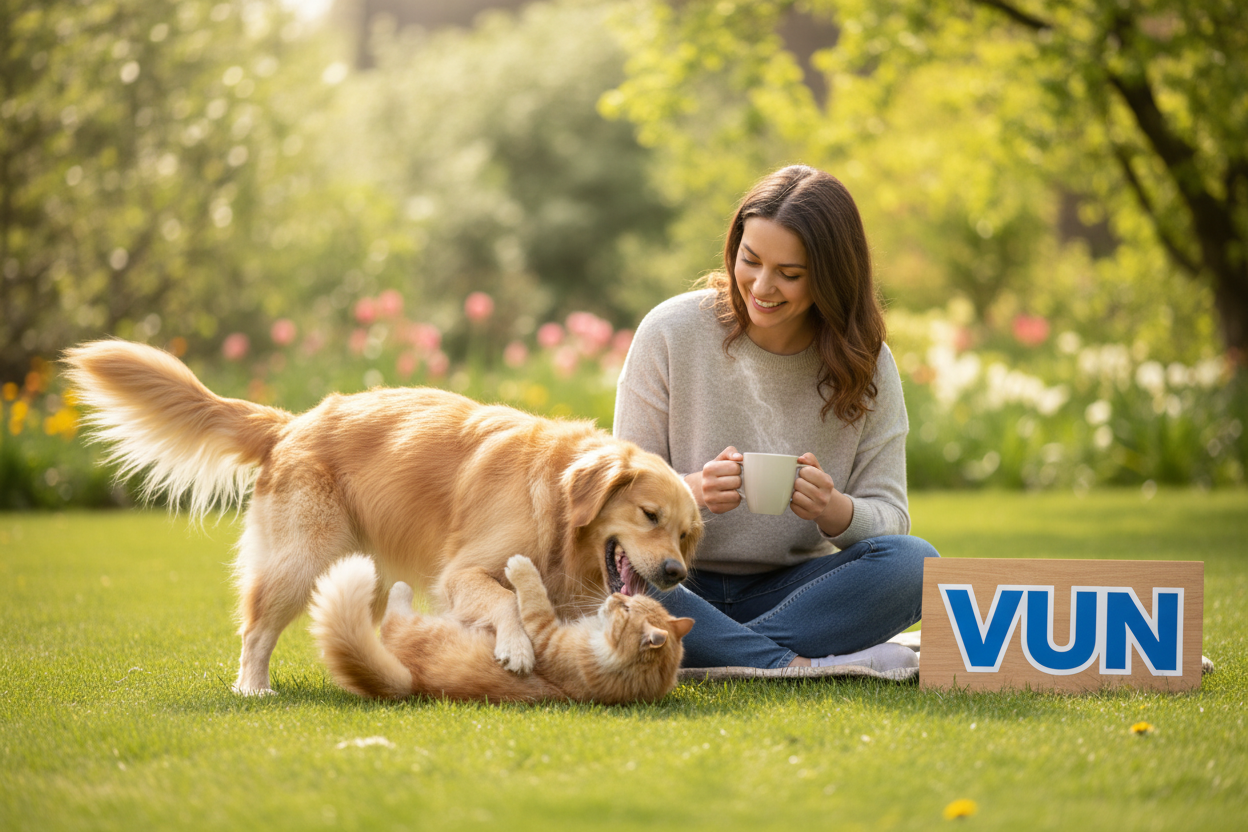 帮我做一张猫狗在一起嬉闹玩耍开心的图片，主人在一边欣慰开心的笑着看着，旁边再加上vun的logo