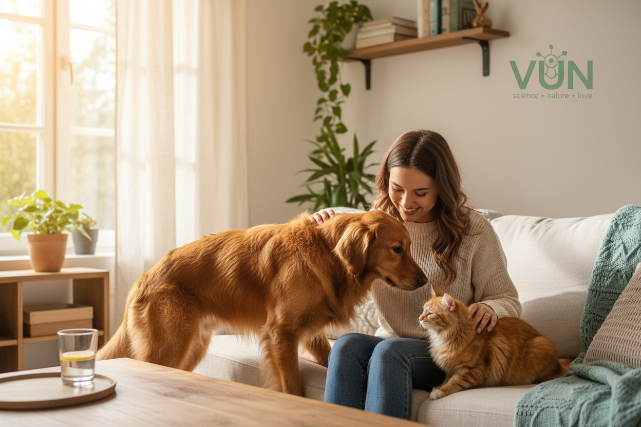 内容：
一只健康、毛发亮泽的狗狗或猫咪，在家中舒适地与主人互动，图片旁边贴上可爱的vun logo。
展示品牌“科学+自然+爱心”的调性。

氛围关键词：
温馨、日常、信任感、亲密。