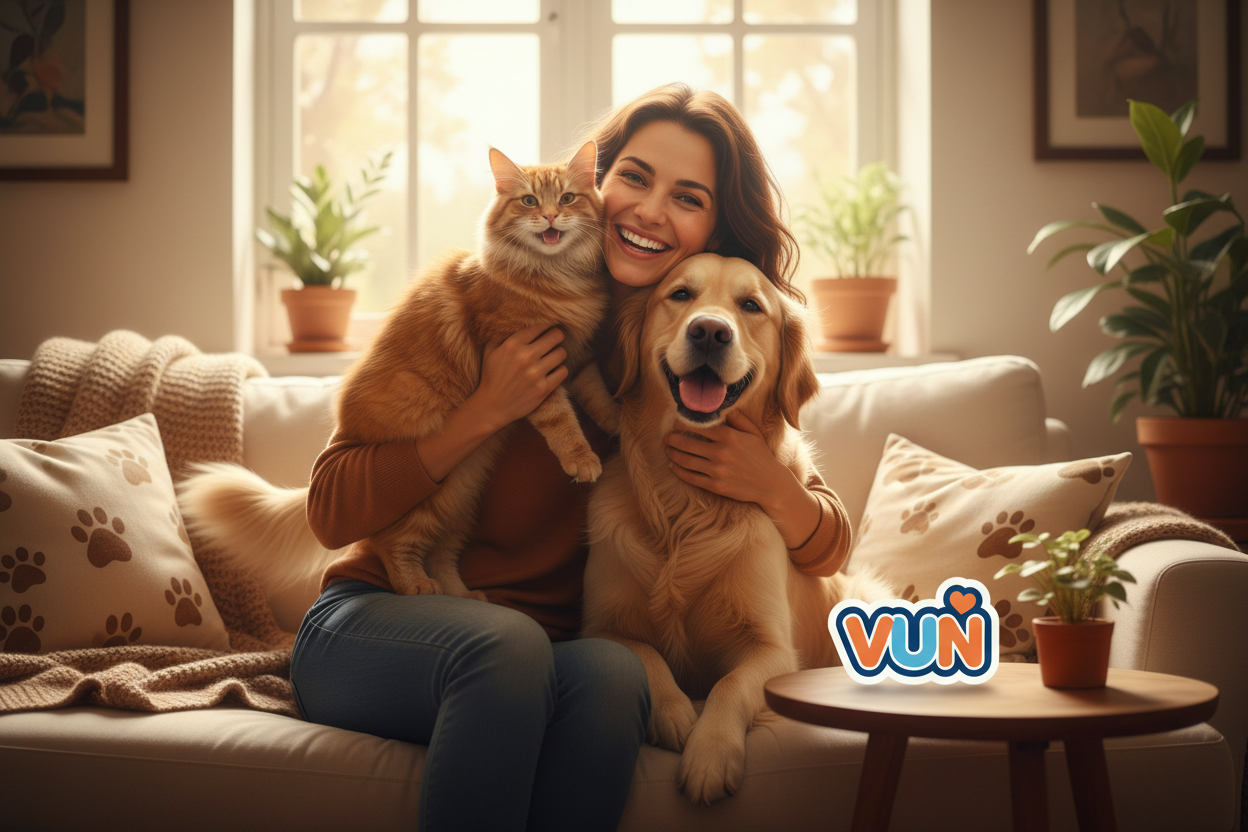 帮我做一张宠物主人和猫狗一起很温馨的图片，猫狗和宠物主人都在笑，旁边有个可爱的vun的logo