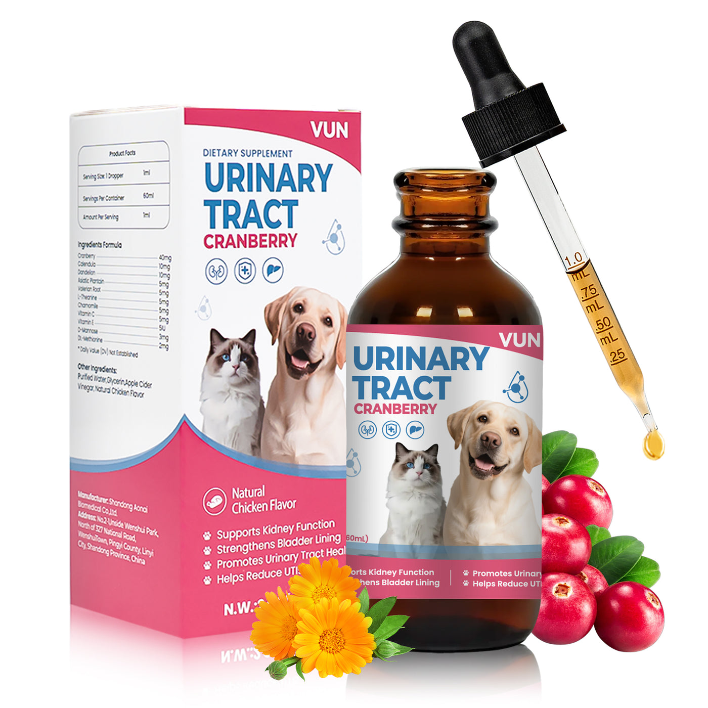 VUN Natural Urinary Support Drops for Cats & Dogs – UTI Relief, Kidney & Bladder Health, Cranberry Formula