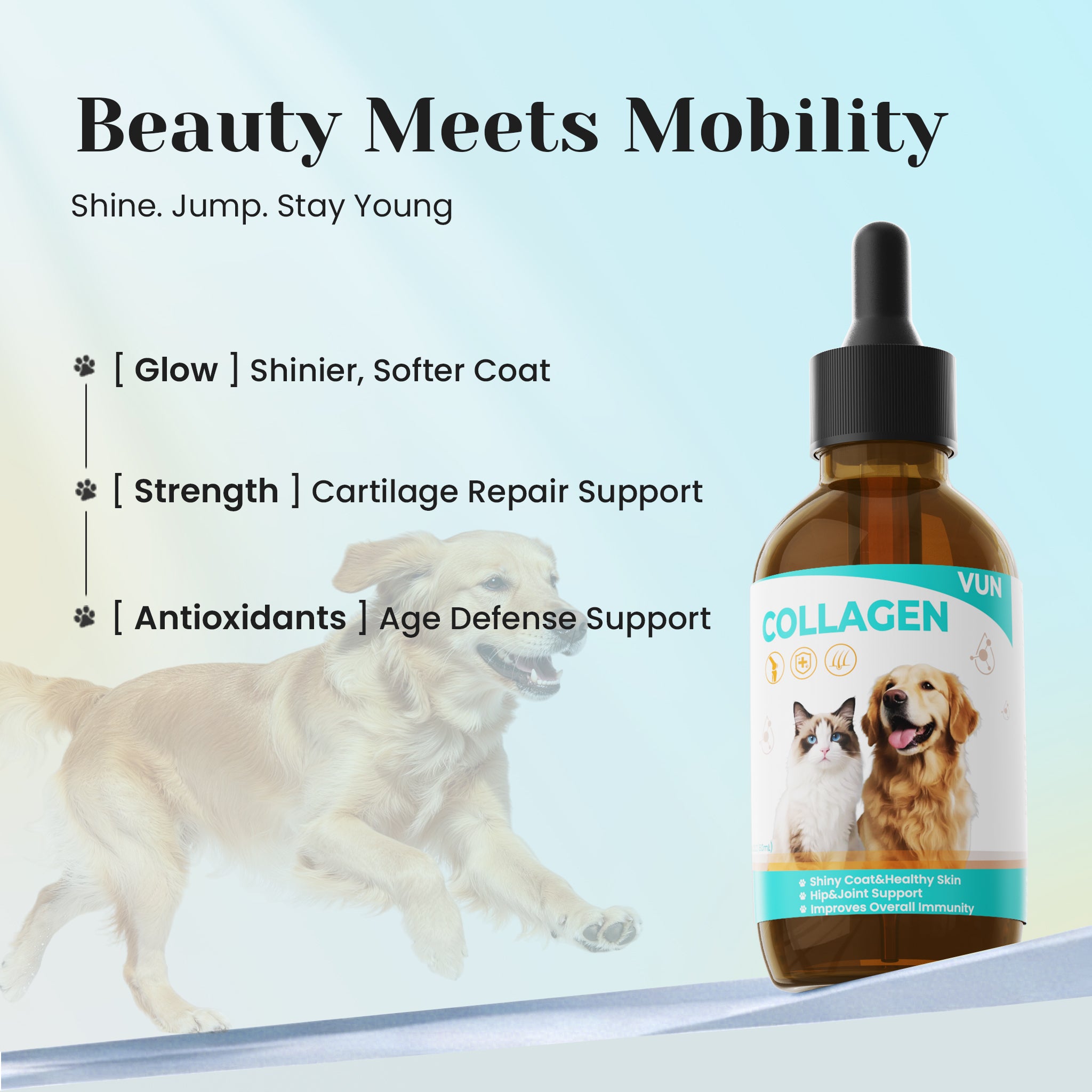 VUN Official collagen support drops for dogs and cats.